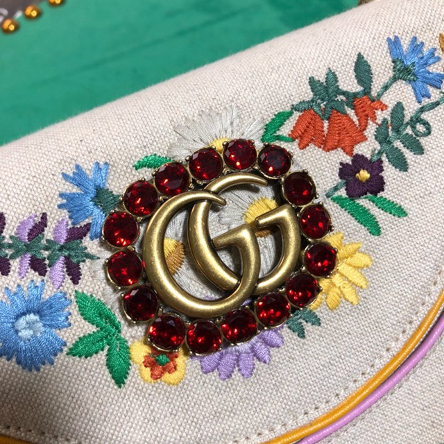 Gucci經典款女包 499617 古馳Gucci花朵貓咪刺繡單肩包 古奇全皮斜挎女包  gqy3298